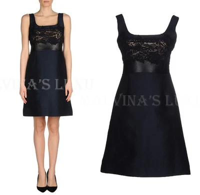 VALENTINO DRESS FLORAL LACE AND LEATHER INSERTS SQUARE NECKLINE US 8 - Image 1 of 4