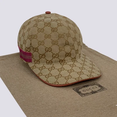 Gucci GG Monogram Pink Web Stripe Beige Baseball Cap Hat Size M - Image 1 of 4