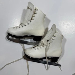 Bauer Kinder Mädchen weiße Leder Eiskunstlauf Schlittschuhe Größe 12 mit ICM Astra Blades Vintage - Bild 1 von 7