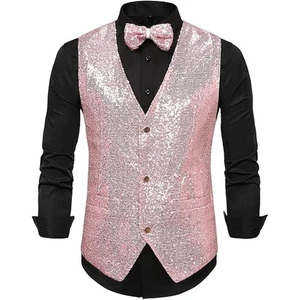 Herren glänzende Pailletten Weste V-Ausschnitt Regular-Waistcoat Fliege 2 Stück-Gr. M-NEU-G - Bild 1 von 4