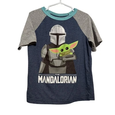 Star Wars The Mandalorian Child Graphic T-Shirt For Kids Raglan Sleeve Grey Blue - Image 1 of 4