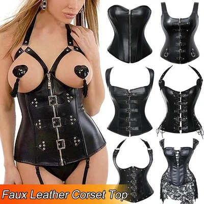 Corsé de cuero sintético para mujer Bustier Top Sobre busto Con cordones Gótico Steampunk Disfraz Foto 1 de 4