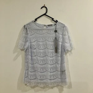Jigsaw Pale Powder Blue Nylon/Silk Lace Short Sleeve Blouse, Size M - NWT - Picture 1 of 8