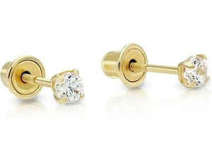 Genuine Diamond 4 Prong Child/Baby Stud Earrings in Yellow Gold - Screw Backs - Picture 1 of 2