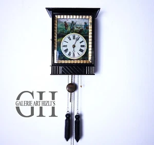 WUNDERSCHÖNE SCHWARZWÄLDER WANDUHR MIT LITHOGRAPHIEN BILD JAGD SZENE - Bild 1 von 12