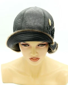 Winter Ladies Hat WomenLeather Sheepskin Cloche Shearling Brim Warm Black - Picture 1 of 25