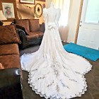 Vintage 1980's Elegant Lace & Beads Full Train White/ Beige Wedding Gown Dress