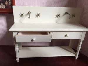 1:12 Scale Dollhouse Miniatures White Wood Furniture Basin Faucet Handmade Decor - Picture 1 of 3