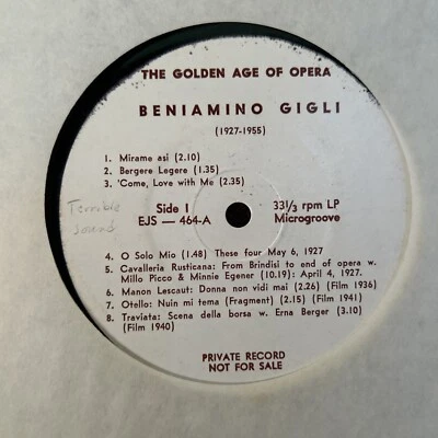 BENIAMINO GIGLI EJS 464 THE GOLDEN AGE OF OPERA PRIVATE RARE VTG #125 Foto 1 de 2