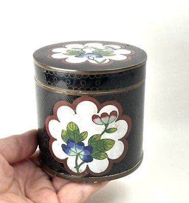 Старинный китайский черный клуазоне круглый покрытый коробка порошок банка цветок мотив эмаль - Изображение 1 из 4