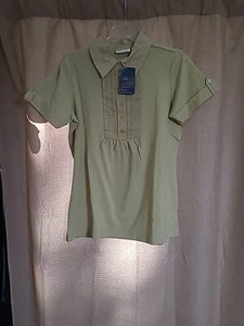 NWT Denim & CO Leaf Green Button Tuxedo Pleats Short Sleeve Blouse Size M - Picture 1 of 10