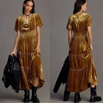 Платье женское Anthropologie очень маленькое сомерсет макси бархатное золотистое бамбуковое многоярусное - Изображение 1 из 4