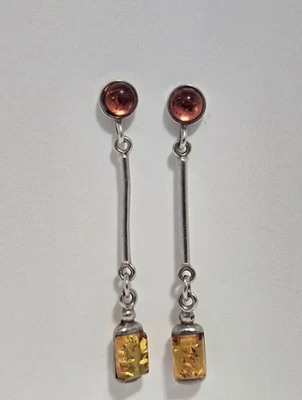 Sterling Silver Red & Yellow Amber Dangle Drop Earrings - Image 1 of 4