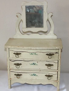 Antique Vntg Wood Mirror Dresser Vanity Table Top Jewelry Drawer Box White Doll - Picture 1 of 18