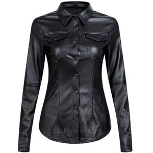 Damen Kunstleder Hemd Bluse Slim Fitted Druckknopfverschluss Top Punk Rock Hippie - Bild 1 von 12