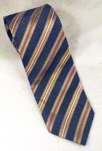Mens Silk Necktie Neck Tie Navy Blue Checks Tan Diagonal Stripes Marks & Spenser - Picture 1 of 5