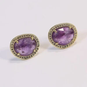Natural Faceted Purple Amethyst Bezel Set Cubic Zirconia Pave Stud Earrings - Picture 1 of 10