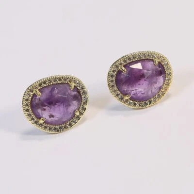 Natural Faceted Purple Amethyst Bezel Set Cubic Zirconia Pave Stud Earrings - Image 1 of 4
