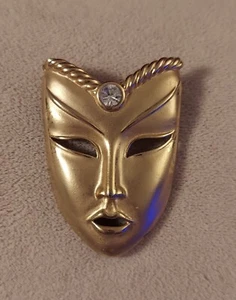 Vintage Mardi Gras Gold Tone Face Mask Pin Brooch with Rhinestone - Picture 1 of 4