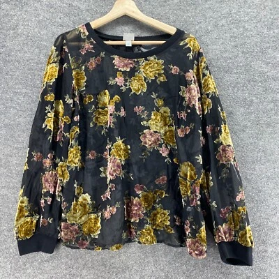 Blusa A New Day Mujer XL Negra Floral Manga Larga Cuello Redondo Rayón Transparente Informal Foto 1 de 4