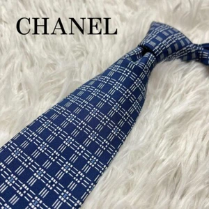 Good condition CHANEL tie navy Blue coco mark plaid - Picture 1 of 9