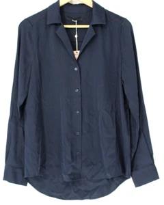 NWT Quince Women Navy Button Down 90% SILK/10% SPANDEX Split Neck Shirt Size S - Picture 1 of 6