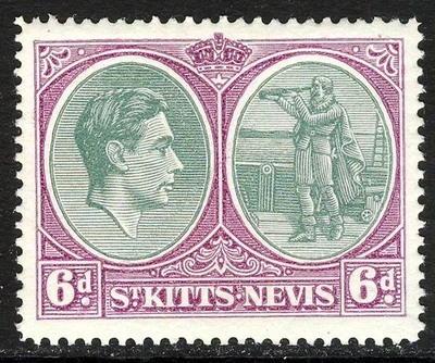 ST.KITTS-NEVIS KG VI 1943 6d. Verde y púrpura brillante VARIEDAD Perf.14 SG 74c COMO NUEVO Foto 1 de 2