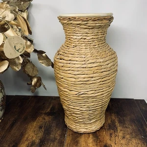 Wicker Weave Vase Rattan Wrapped Large Ceramic Bohemian Home Decor - Picture 1 of 8