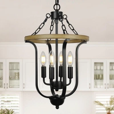 Lámpara de araña negra de granja, lámpara colgante de linterna rústica de 4 luces... Foto 1 de 4