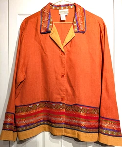 Coldwater Creek Jacket Womens Large Embroidered Linen Rayon Boho Southwest Trim - Picture 1 of 17