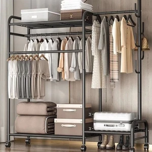 Heavy Duty Double Clothes Rail Rack Garment Hanging Stand Open Wardrobe Shelf - Picture 1 of 10