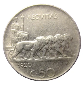 ITALY 1920 FIFTY CENT REEDED EDGE HIGH GRADE @10 - Picture 1 of 5