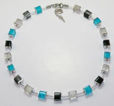 Halskette Würfelkette Perlen Würfel Glas crash türkis blau schwarz weiss 005n - Bild 1 von 4