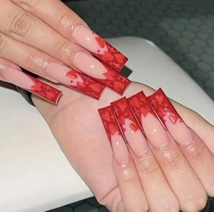 24 Long Square Red French Tip Valentine Heart Press On False Nails Brand New - Picture 1 of 5