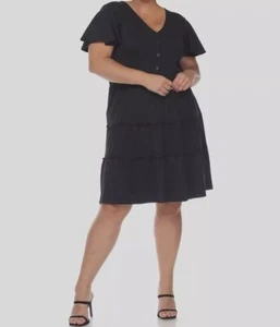 White Mark Women's Black Short Sleeve V-neck Tiered Midi Dress Plus Sz 2XL - Picture 1 of 2