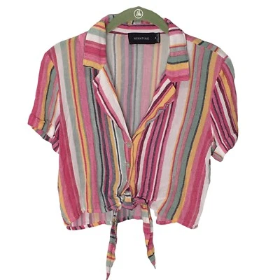 MINKPINK Top Recortado Corbata Frontal Viscosa Rayas Mujer XS Rosa Manga Corta Playa Foto 1 de 4