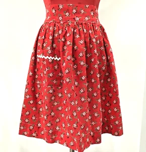 Medio delantal vintage hecho a mano estampado algodón para granja rojo blanco floral bolsillo sistema operativo - Imagen 1 de 6