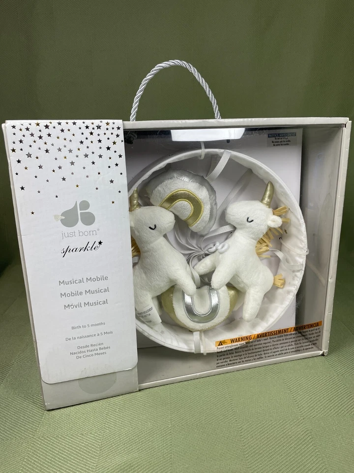 ¡Móvil musical Just Born Sparkle recién nacido/niño pequeño blanco y dorado unicornio y arco iris! Foto 1 de 4