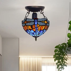 Blue Dragonfly Tiffany Style Antique Ceiling Shade Lamp 10 inch Stained Glass UK - Picture 1 of 8