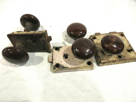 5-Vintage Brown Porcelain Door Handle & 3-Lock Sets Cover