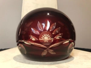 Bohemian Glass Red Ruby Cut to Clear Ball Paperweight, Floral Sun Hollow - Picture 1 of 13