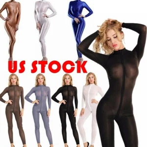 Womens One-piece Jumpsuit Double Zipper Smooth Long Sleeve Bodysuit Nightwear - Picture 1 of 57