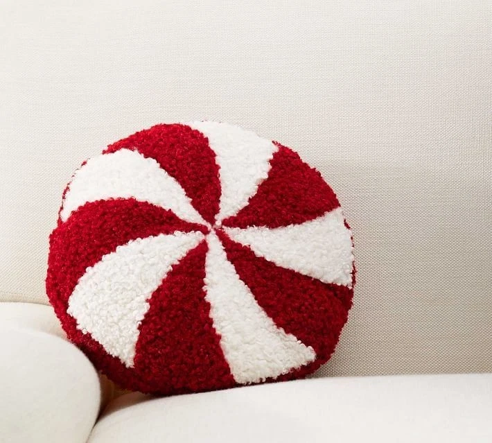 Pottery Barn Decorative Peppermint Stripe White & Red Teddy Pillow Holiday - Image 1 of 1
