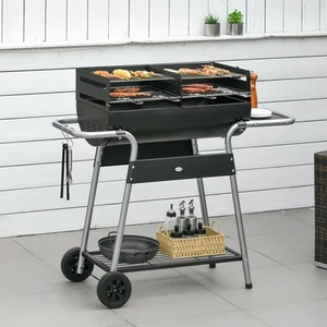 Charcoal Barbecue Grill Trolley with Double Grill, Side Table and Storage Shelf - Picture 1 of 11