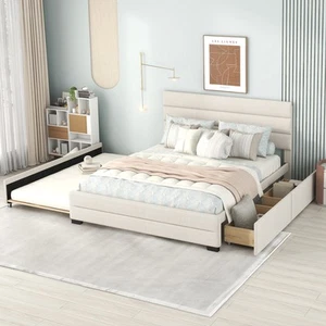 Beige Queen Upholstered Platform Bed Twin Trundle with Storage Drawers - Picture 1 of 9