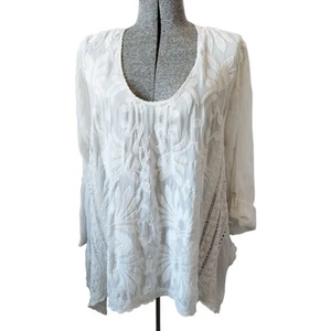 Johnny Was size XL Cupra Lace Embroidered Eyelet Roll Tab Sleeves Tunic Top Boho - Picture 1 of 18
