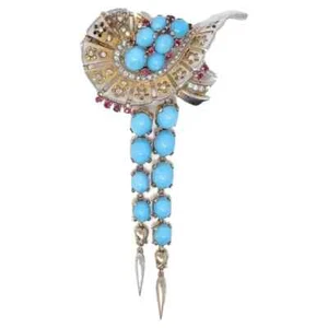 Cabochon Turquoise & Lab Ruby Cocktail Dangle Brooch 925 Fine Silver Party Jewel - Picture 1 of 13
