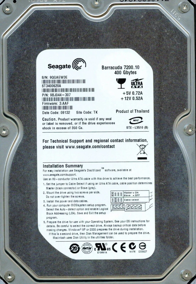 SEAGATE BARRACUDA IDE 400GB ST3400620A 7200RPM P/N 9BJ044-307 - Image 1 of 3