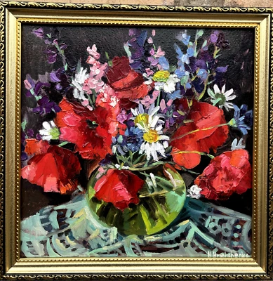 Pintura Impasto Flores Silvestres Flores Originales Óleo Bodegón Floral 12x12 pulgadas Foto 1 de 4