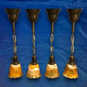 21” Four 4 Brass Pendant Lights Vintage Rare Amber Swirl Shades 125E - Picture 1 of 6